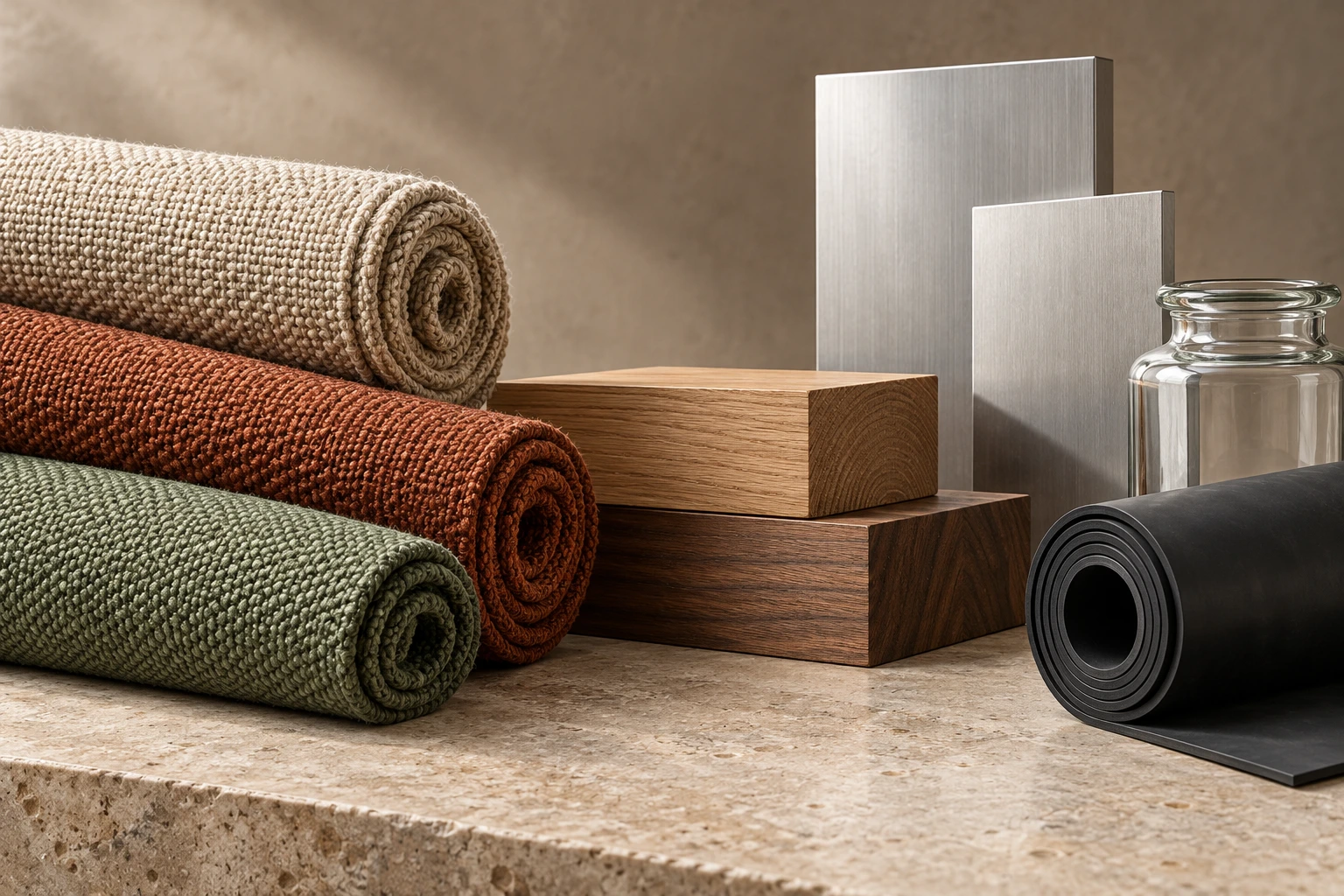 Textiles, madera, metal, vidrio y hule