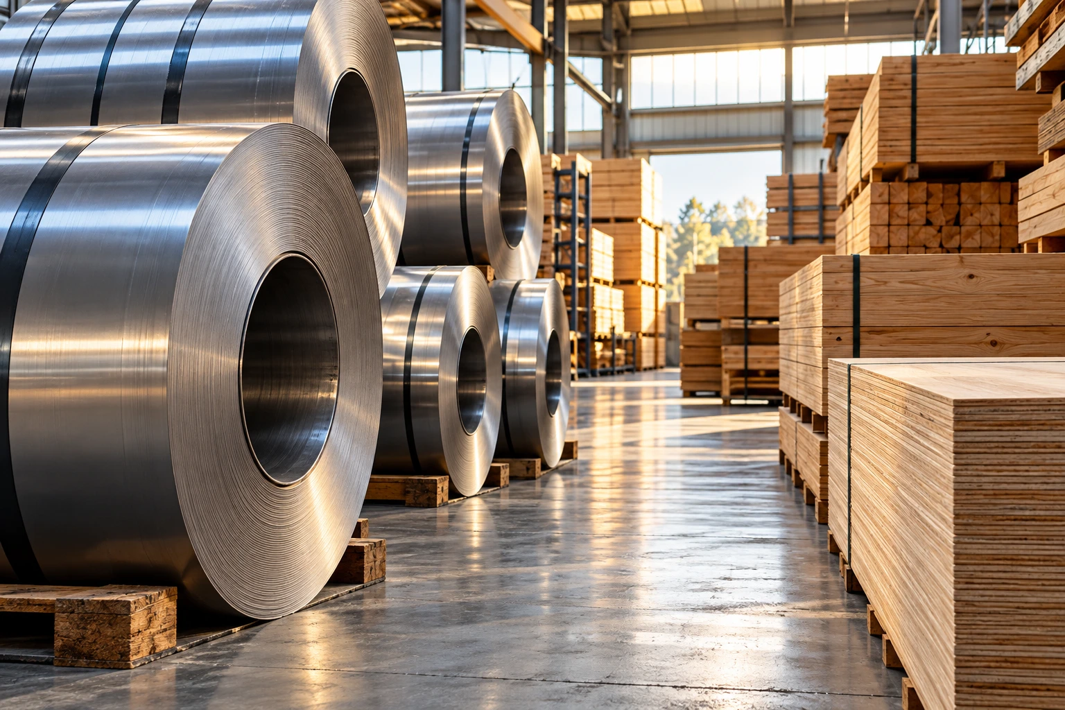 Rollos de acero y madera en un almacén industrial